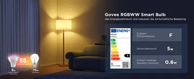 Highlights an 88 percent energy saving versus a 75W incandescent bulb to show lower running costs. Presents the energy efficiency class and power draw data to reassure shoppers about low electricity…
