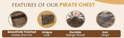 Showcases multiple distinct product benefits in a visually segmented layout to help shoppers quickly understand the key selling points of the pirate chest including finish quality, aesthetic appeal,…