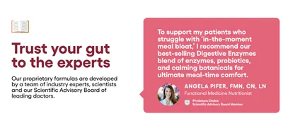 Builds trust and credibility by featuring a recommendation from a credentialed nutritionist who is part of the brand's advisory board.
