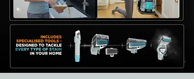 Shows all the specialized cleaning tools included with the product to reassure shoppers they have everything needed to tackle various stains throughout their home. Communicates the key benefit that…