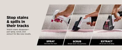 Demonstrates the three-step process for using the stain removal product (spray, scrub, extract) to help shoppers understand how to achieve effective cleaning results. Communicates the core benefit…