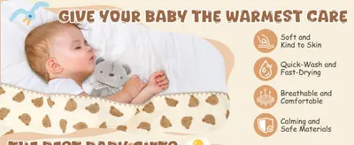 Showcases multiple product benefits in a visually organized layout with icons and text to help shoppers quickly understand key selling points about the baby blanket's comfort, safety, and care…