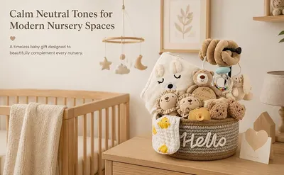Shows the baby gift basket in a beautifully styled nursery environment to help shoppers envision the product as a thoughtful gift that complements modern nursery decor.