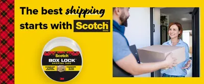 Demonstrates the product in a shipping scenario, showing how Scotch Box Lock tape ensures packages are securely sealed for delivery.