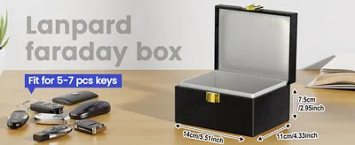 Shows the physical dimensions of the Faraday box and its capacity to hold 5-7 keys, helping shoppers understand if the product will fit their needs and space.