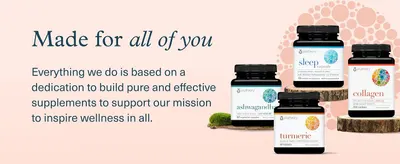 Communicates the brand's core values and mission of inclusivity and wellness while showcasing multiple products from their supplement line to build trust and brand recognition.