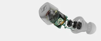 Shows the internal parts of the earbud, such as the driver, circuit board and battery, to prove build quality.