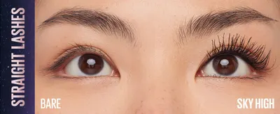 Shows bare straight lashes beside Sky High lashes to prove the mascara adds visible curl and volume. Reinforces one core claim that the mascara lifts straight lashes into a fuller look.