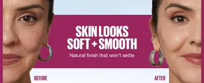 Shows a visible skin smoothing result with a natural finish so shoppers trust the makeup improves the look of skin.