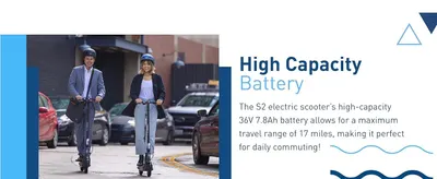 Emphasizes the high-capacity battery and 17-mile range to reassure shoppers about daily commuting reliability. Highlights quantifiable battery specifications and travel range to communicate the…