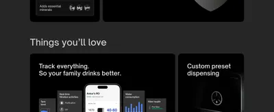 Shows multiple smart monitoring benefits in segmented panels so shoppers see they can track filtration, water use, and filter health from a phone while enjoying custom dispensing. Highlights the…