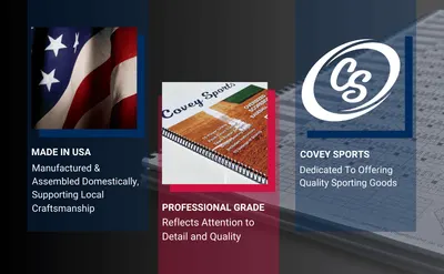 Communicates Covey Sports brand values including domestic manufacturing and professional quality to build trust with shoppers. Presents three segmented panels highlighting domestic manufacturing,…