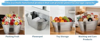 Shows the multi-functional metal tub used in four different everyday settings so shoppers can see its versatility for storage and display. Highlights the storage capacity and multi-use value of the…