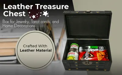Presents the chest as a storage box for jewelry, tarot cards, and home decorations while the crafted leather material is highlighted to reassure shoppers about quality.