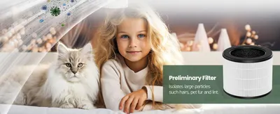 Identifies the preliminary filter component that captures hair, pet fur and lint to explain its role in the filter stack. Communicates that the preliminary filter isolates large particles like pet…