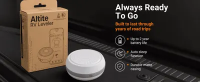 Highlights three key durability and convenience benefits of the RV leveler in a segmented icon layout so shoppers see it is ready to use and built to last for years of road trips.