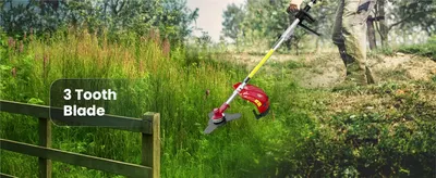Shows the 3 tooth blade cutting tall grass to communicate that it tackles thicker vegetation.