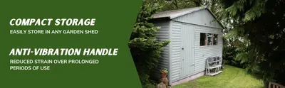 Highlights two separate selling points with segmented text blocks so shoppers quickly see the product fits easily in garden storage and reduces strain during extended use.