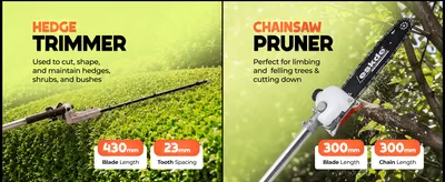 Shows two attachment heads with their specific uses and key blade measurements so shoppers understand the versatility of the pole saw system. Demonstrates multiple yard tasks the attachments handle,…