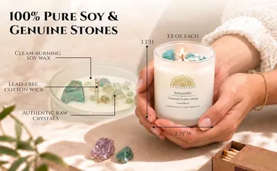 Breaks down the candle's physical components to show shoppers the soy wax, cotton wick, and genuine crystals that make up the product. Shows the candle's exact dimensions and weight so shoppers know…
