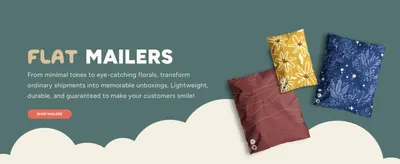 Shows flat mailers in varied designs and states they are lightweight durable and memorable to help shoppers trust the product for shipping.