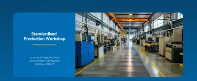 Shows the brand's standardised production workshop to build trust in manufacturing scale and consistent quality. Text cites 10 years of research and development technology. Highlights several…