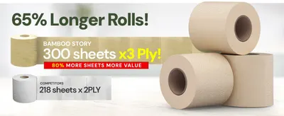 Highlights the superior value of Bamboo Story toilet paper by comparing sheet count and ply to competitors. Directly compares Bamboo Story's 300 3-ply sheets to competitors' 218 2-ply sheets to…