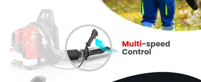 Highlights the multi-speed control feature of the leaf blower to communicate adjustable power and versatility to shoppers.