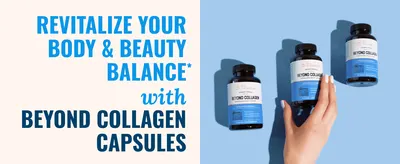 Communicates the core benefit of the collagen supplement—revitalizing body and beauty balance—to appeal to health and beauty-conscious shoppers.