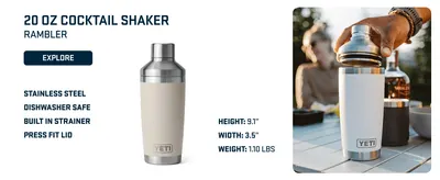 Communicates multiple product features (stainless steel, dishwasher safe, built-in strainer, press fit lid) with sizing information and lifestyle usage to help shoppers understand key benefits.…