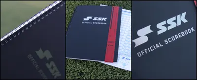 Presents the SSK logo and Official Scorebook branding across close-up product views to reinforce brand identity and professional quality. Shows close-up detail of the scorebook cover and spiral…