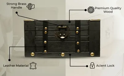 Breaks down the trunk's physical components so shoppers can see the brass hardware, solid wood construction, leather straps, and antique-style lock that make up the product. Presents several…