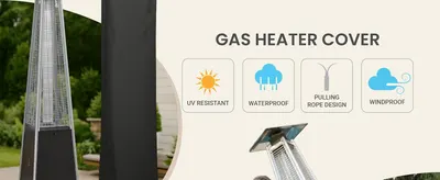 Shows four segmented icon-based benefits of the gas heater cover so shoppers quickly see its weather protection and easy handling features.