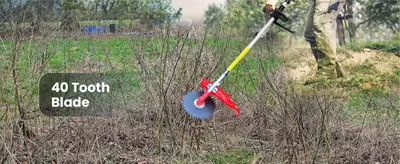 Shows the 40 tooth blade cutting dense brush so shoppers understand this blade tackles heavy brush clearing.