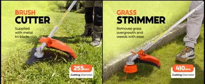 Shows two lawn care attachments and their jobs so shoppers see the tool covers both heavy brush and edging tasks. Highlights the cutting diameter of each head to give shoppers a clear performance…