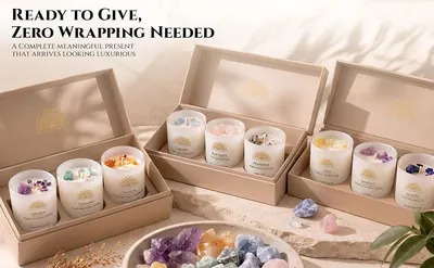 Shows the crystal candle gift sets displayed in boxes on a warm neutral setting to help shoppers picture a ready-to-give present. Positions the crystal candle sets as a complete gift that needs no…