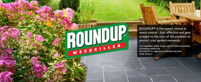 Positions ROUNDUP as the trusted expert brand in weed control and reinforces brand recognition through a prominent logo and lifestyle garden setting. Shows the product brand within an inviting…
