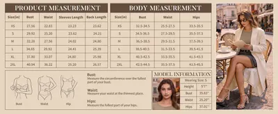 Provides detailed product and body measurement charts so shoppers can confidently choose the right size and fit.