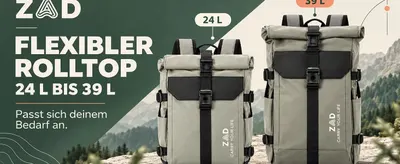 Shows the two capacity configurations of the rolltop design so shoppers can understand how the bag adapts from 24 to 39 liters. Places the product in an outdoor mountain scene to evoke adventure and…