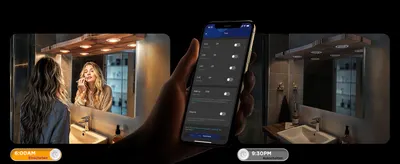 Shows the lights turning on at 6:00AM and off at 9:30PM via the app schedule so shoppers understand easy automated control for daily routines. Demonstrates use of the lighting in a bathroom vanity…