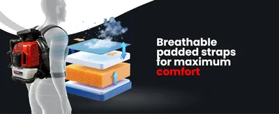 Demonstrates the multi-layer construction of the backpack blower straps to communicate breathability and comfort through visual material breakdown. Highlights the breathable padded strap system as a…