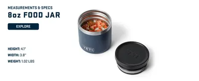 Communicates the exact physical measurements of the 8oz food jar to help shoppers understand the product size and weight.
