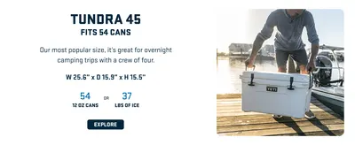 Highlights the Tundra 45 as the most popular size with capacity specs (54 cans) and dimensions, showing its suitability for camping trips to help shoppers understand its versatility. Emphasizes the…