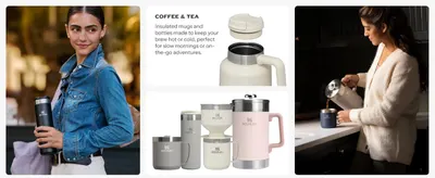 Introduces the Coffee & Tea category and showcases the range of insulated mugs, tumblers and brewing accessories in the Stanley lineup.