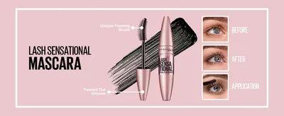 Labels the brush and fanned volume zones to show how the wand builds lashes. Note: the image shows Lash Sensational, not the listed Sky High product. Pairs two callouts with before, after, and…