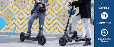 Highlights multiple safety features of the scooter in a visually segmented layout to reassure shoppers about product safety and build confidence in the purchase. Emphasizes the safety aspects of the…