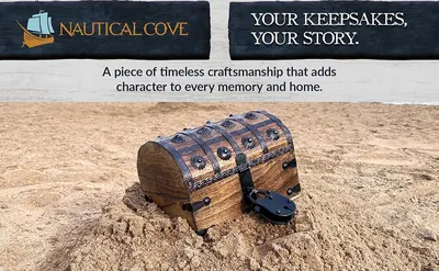 Presents the Nautical Cove brand with its Your Keepsakes Your Story tagline and frames the product as timeless craftsmanship that adds character to memories and home. Shows the wooden treasure chest…