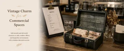 Shows the product across several commercial settings so shoppers can picture it adding vintage character to their own business space. Displays the trunk in a real cafe environment to convey warmth…
