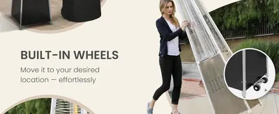 Shows that the heater has built-in wheels so shoppers can move it to any desired spot effortlessly. The lifestyle photo and wheel close-up reassure buyers that repositioning is simple. Demonstrates…