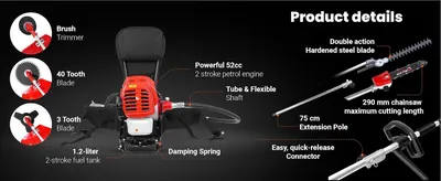 Shows the physical components of the backpack trimmer system including the interchangeable heads, engine, fuel tank, and quick-release connector to help shoppers understand what the kit is made of.…